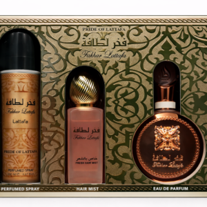 Lattafa Zestaw Fakhar Woman, Eau de Parfum 100ml + Hair Mist 50ml + Deo Spray 200ml